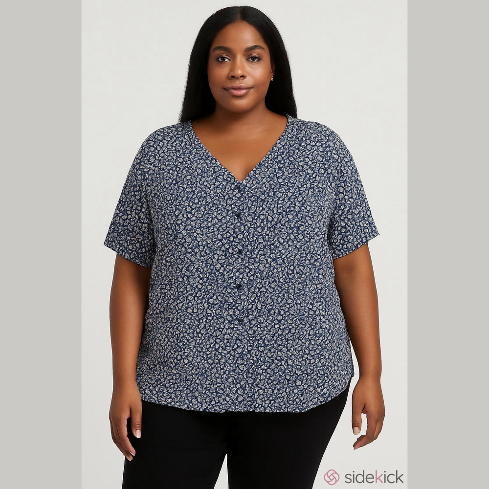 Amazon Essentials Navy and White Micro Print V-Neck Short Sleeve Blouse